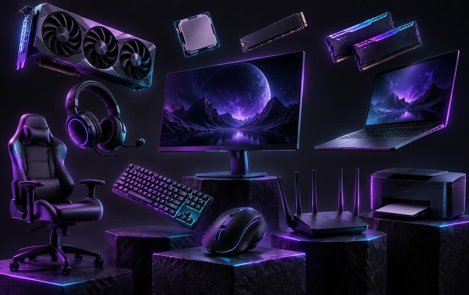 Placa de vídeo, processador, SSD, memória RAM, monitor gamer, teclado, mouse, headset, notebook, cadeira gamer, roteador e impressora